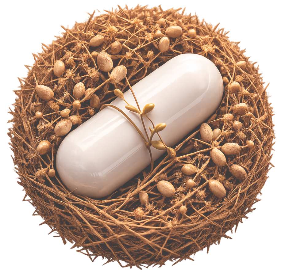 A white capsule pill resting in a natural nest made of dried plants and seeds, symbolizing natural healthcare